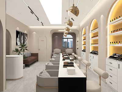 Elegant Modern Beauty Hair Salon Interior With Styling Chairs Mirrors And Product Shelves 3d model