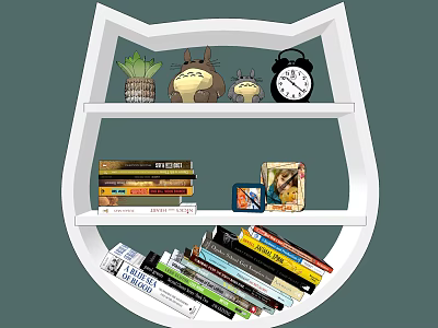 Cat Shaped Wall Cabinet With Books Toys Plants And Alarm Clock 3d model