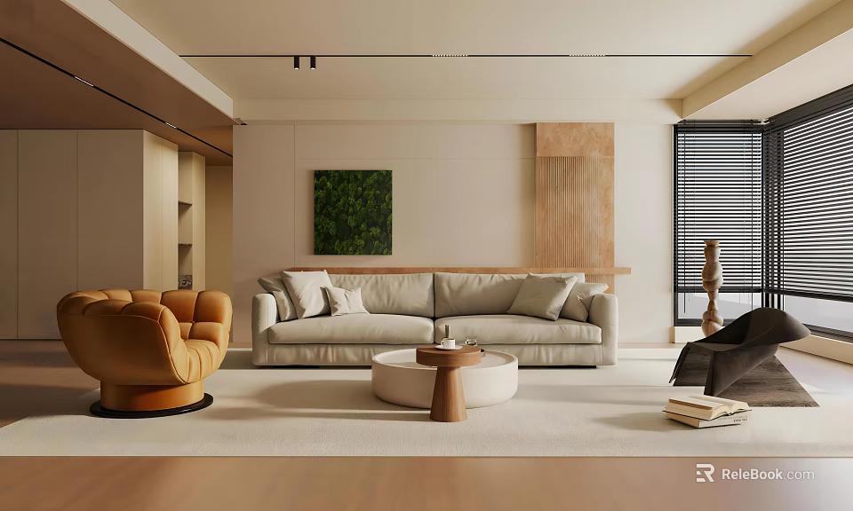 Modern Living Room Interior With Beige Sofa Brown Armchair Round Coffee Table And Green Painting 3d model 