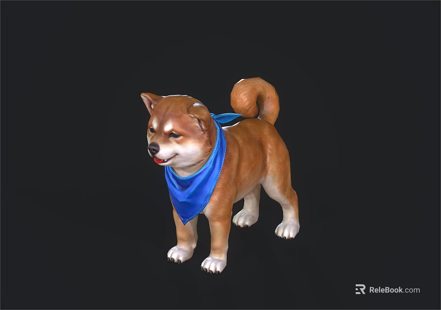 Adorable Shiba Inu With Blue Scarf Brown Fur And Curly Tail Standing Pose 3d model 