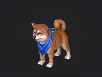 Adorable Shiba Inu With Blue Scarf Brown Fur And Curly Tail Standing Pose 3d model