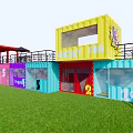 Outdoor Colorful Container Buildings With Night Sky Moon Clouds And Green Grass
