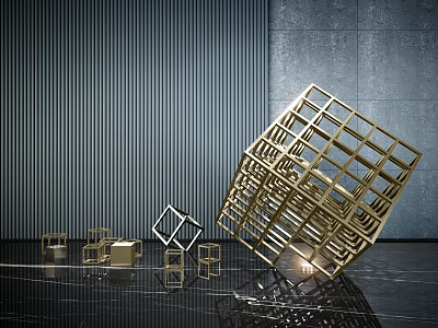 Golden Sculptural Abstract Cube Frame With Small Geometric Shapes And Reflective Floor 3d model