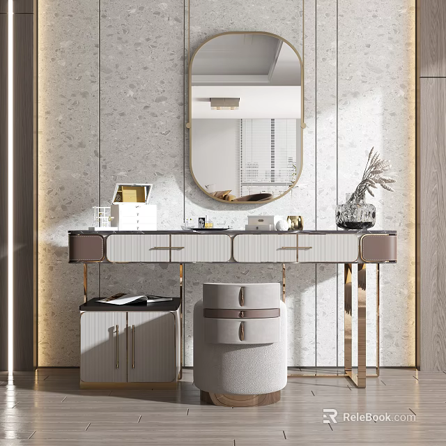 Elegant Modern Dressing Table Design With Round Mirror Gold Legs Beige Stool And Countertop Decor 3d model 