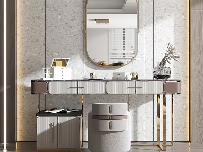 Elegant Modern Dressing Table Design With Round Mirror Gold Legs Beige Stool And Countertop Decor 3d model
