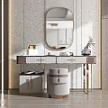 Elegant Modern Dressing Table Design With Round Mirror Gold Legs Beige Stool And Countertop Decor