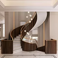Modern Elegant Spiral Staircase With Wooden Steps Gold Railings And Hanging Lights In Lobby