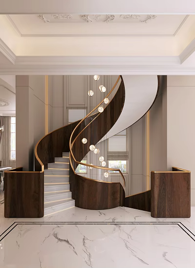 Modern Elegant Spiral Staircase With Wooden Steps Gold Railings And Hanging Lights In Lobby 3d model