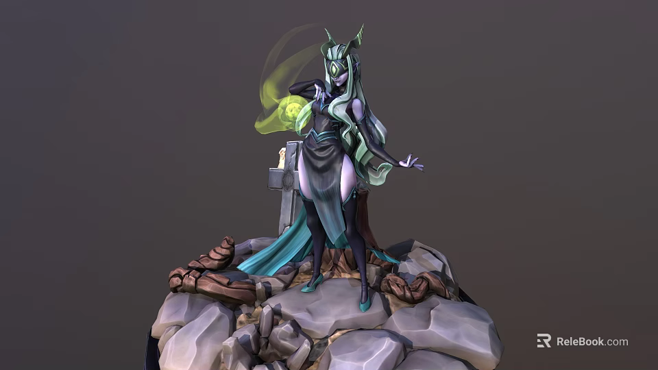 Horned Fantasy Female Character With Green Magic Aura And Mythical Creatures On Rock Pedestal 3d model 