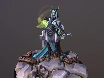 Horned Fantasy Female Character With Green Magic Aura And Mythical Creatures On Rock Pedestal 3d model