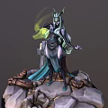 Horned Fantasy Female Character With Green Magic Aura And Mythical Creatures On Rock Pedestal