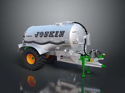 JOSKIN Silver Tanker Trailer Featuring Yellow Rimmed Wheels And Green Support Structure 3d model