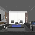 Modern Living Room Interior Design With Large TV Floor To Ceiling Windows And Gray Sofa