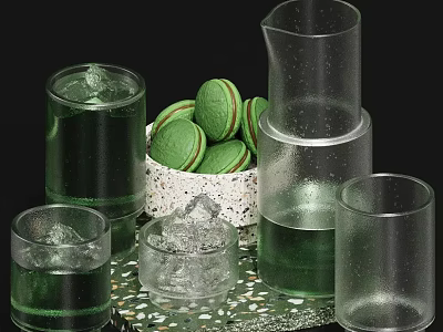 Transparent Glass Tableware Set With Green Macarons Ice Cubes And Glittery Tray 3d model