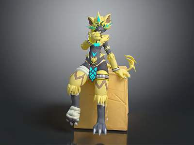 3D Mythical Creature Character Sitting On Yellow Cube With Black Yellow Fur And Crown Headpiece 3d model