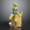 3D Mythical Creature Character Sitting On Yellow Cube With Black Yellow Fur And Crown Headpiece