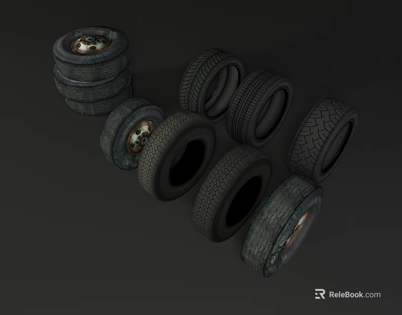 Various Stacked and Single Tires of Different Types with Various Tread Patterns 3d model 