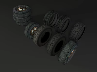 Various Stacked and Single Tires of Different Types with Various Tread Patterns 3d model
