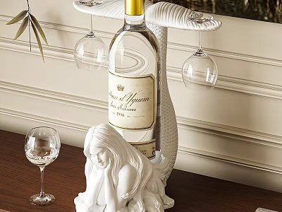 Elegant Wine Bottle And Glasses On White Female Sculpture Base With Wooden Table And Wall Decor 3d model