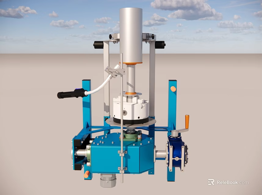 Industrial Equipment With Blue Support Frame Silver Cylindrical Tank Control Handles And Pipes 3d model 
