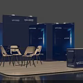 Blue Exhibition Booth With Display Panels Round Table White Chairs And Reception Desk