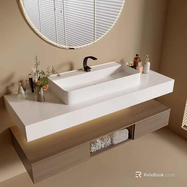 Sleek White Bathroom Washbasin With Countertop Wooden Cabinet Round Mirror And Toiletries 3d model 