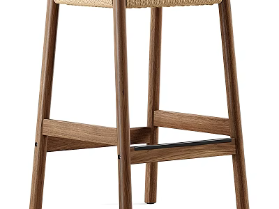 Modern Wooden Bar Stool With Rattan Seat And Footrest For Kitchen Bar Design 3d model