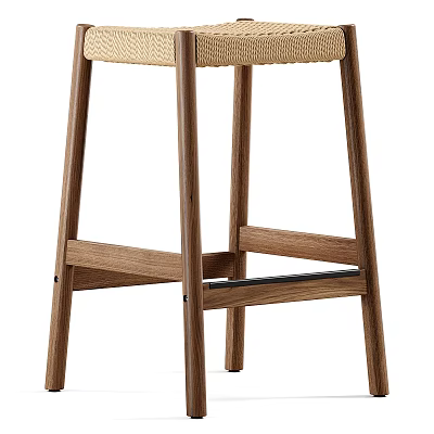 Modern Wooden Bar Stool With Rattan Seat And Footrest For Kitchen Bar Design 3d model