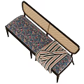 Stylish Multi Seater Sofa With Wicker Backrest Floral Cushion Striped Blanket And Black Metal Frame