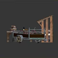 Rustic Outdoor Scene With Wooden Shed Stacked Logs Workbench Stump And Trailer On Green Grass