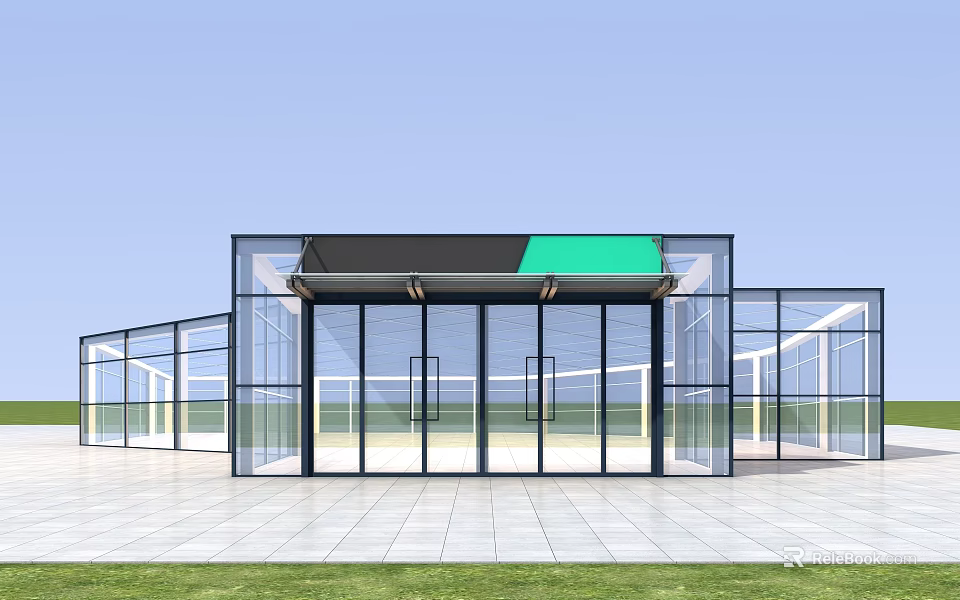 Modern Sunroom Design With Glass Walls Aluminum Frame And Green Lawn 3d model 