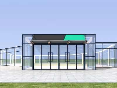Modern Sunroom Design With Glass Walls Aluminum Frame And Green Lawn 3d model