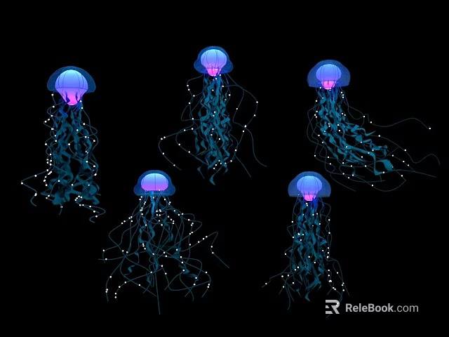 Banquet Hall With Glowing Purple Blue Jellyfish Decorations And Lights 3d model 