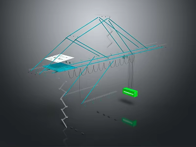 Blue 3D Mechanical Framework Structure With Ladder Hanging Green Component And Cables 3d model