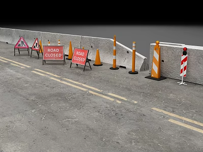 Road Safety Facilities With Road Closed Signs Orange Cones Reflective Bollards And Barriers 3d model