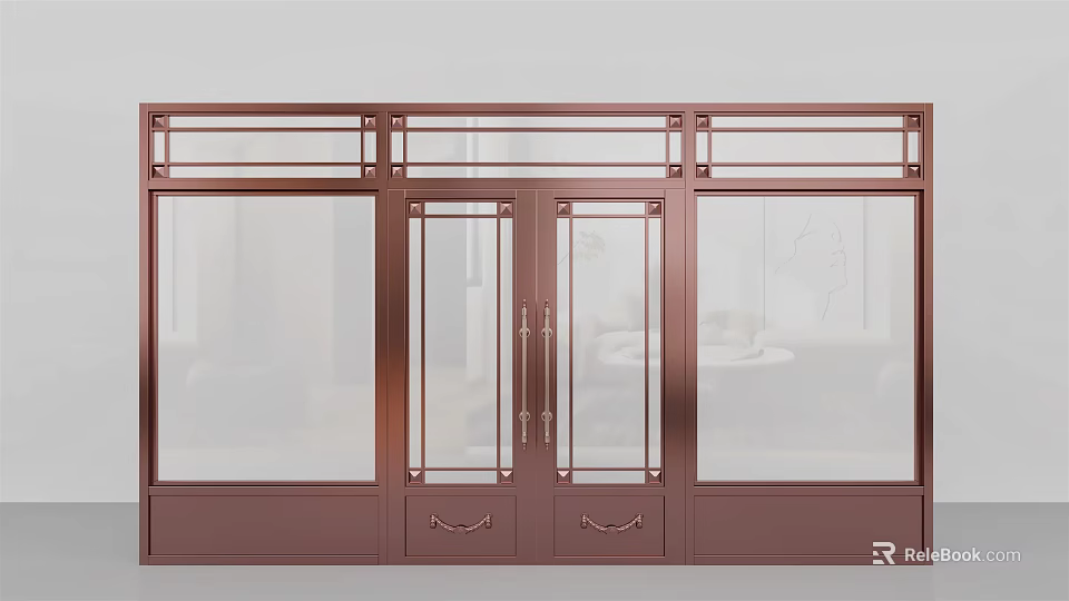 Copper Frame Double Doors With Glass Panels And Decorative Top Design 3d model