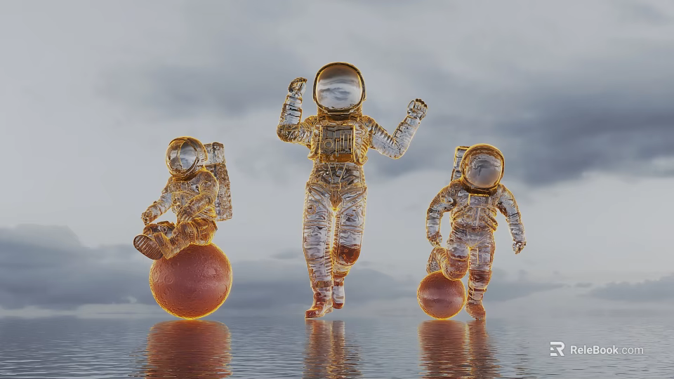 Transparent Crystal Astronauts With Planets Standing On Water Surface Under Gray Sky 3d model