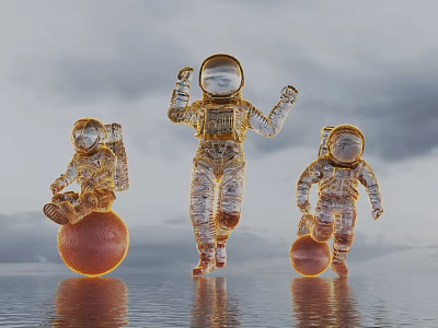 Transparent Crystal Astronauts With Planets Standing On Water Surface Under Gray Sky 3d model
