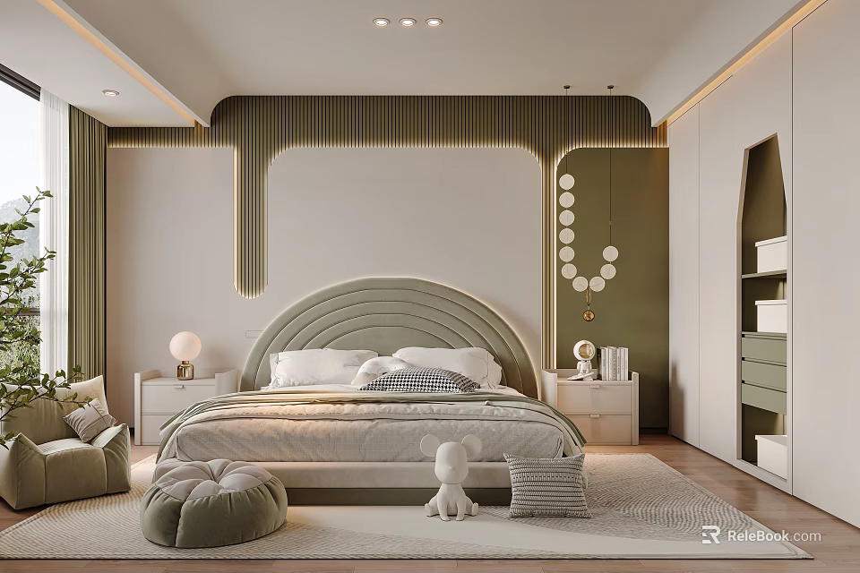 Cozy Kids' Room Interior Design With Soft Bed Pouf Stuffed Toy And Green Storage Cabinets 3d model 
