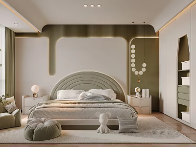 Cozy Kids' Room Interior Design With Soft Bed Pouf Stuffed Toy And Green Storage Cabinets 3d model