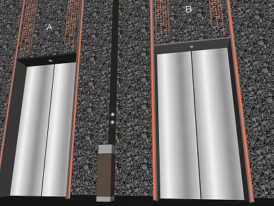 Modern Elevators With Stainless Steel Doors Red Accent Frames And Dark Textured Walls 3d model