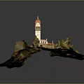 Scenic Island Terrain With White Tower Red Roof And Green Trees Paths