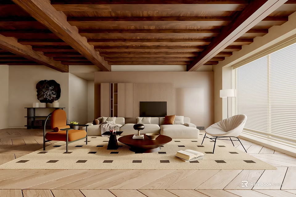 Modern Living Room Interior With Wooden Beam Ceiling Sofa Coffee Table And Area Rug 3d model 