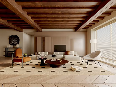 Modern Living Room Interior With Wooden Beam Ceiling Sofa Coffee Table And Area Rug 3d model