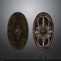 Two Decorative Medieval Shields with Brown Red Diamond Circular Patterns Central Gem Ornate Designs 3d model