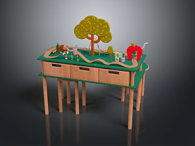 Wooden Entertainment Table With Green Surface Toy Tree Fruit Shaped Toys And Drawers 3d model