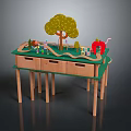 Wooden Entertainment Table With Green Surface Toy Tree Fruit Shaped Toys And Drawers