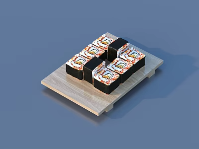 Delicious Fresh Assorted Sushi Rolls Neatly Arranged On Wooden Board 3d model