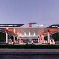 Modern Gas Station With Red White Canopy Fuel Pumps And High Rise Buildings At Dusk