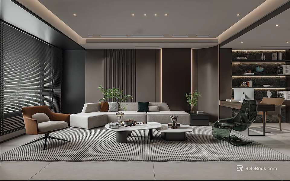 Modern Living Room Interior Design With Sofa Accent Chair Coffee Tables Rug And Plants 3d model 